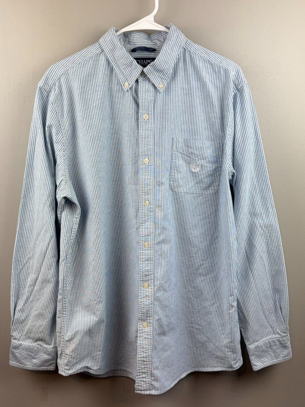 Chaps Blue & White Striped Button Down Size Large Stretch Oxford Classic